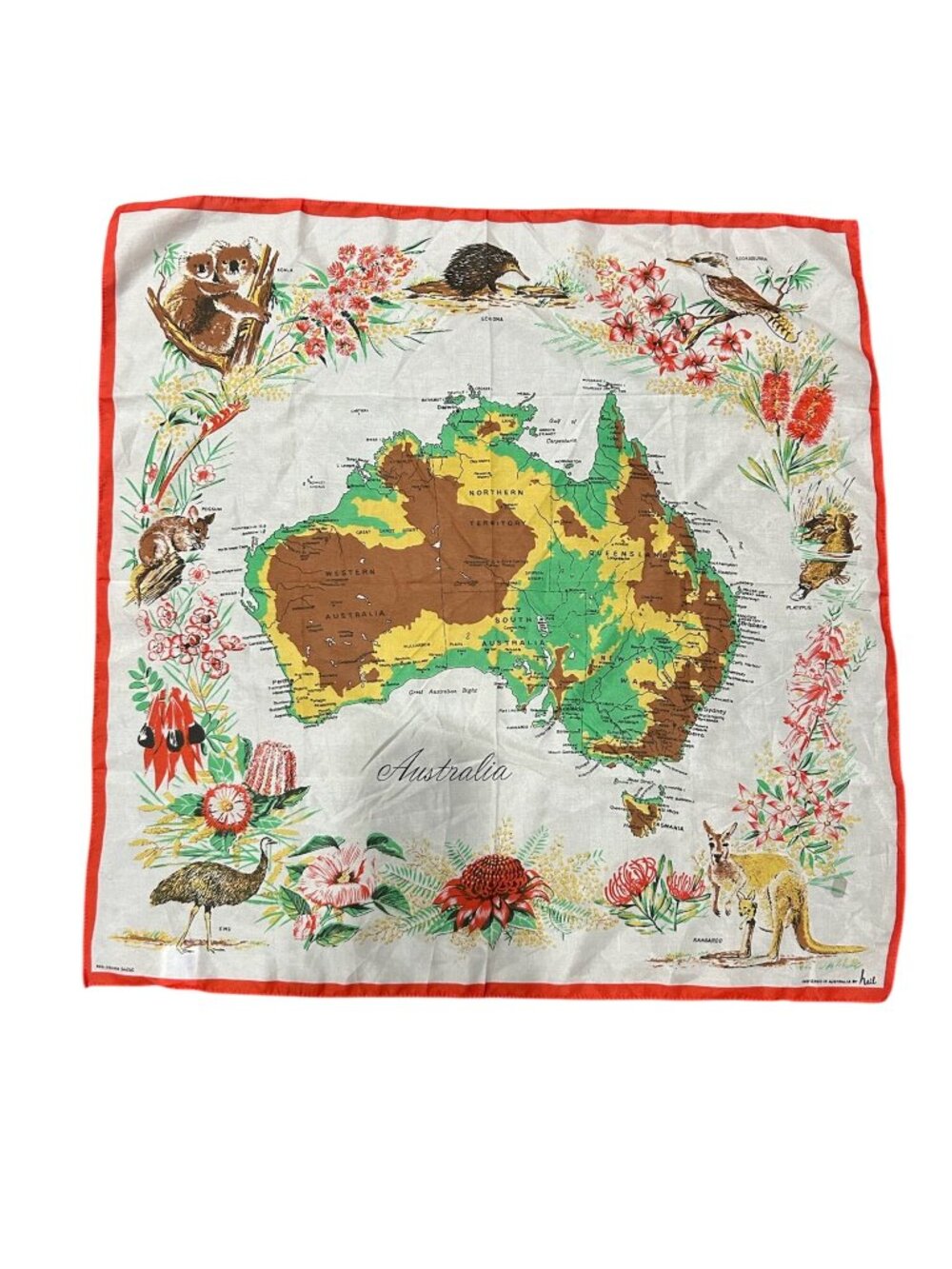 Vintage Heil Australia Map Handkerchief 27" X 27" Floral Animal Print Wrap